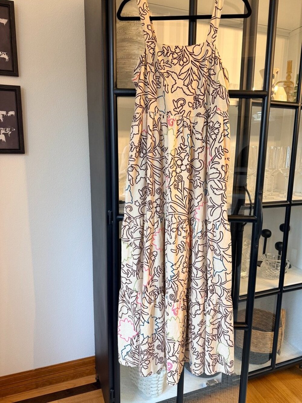 Knox Rose Floral Outline Smocked Tiered Maxi Dress Tan Pink Medium M